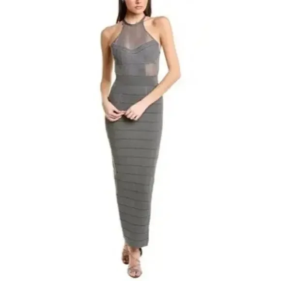 Herve Leger Textured Sheer Bustier Halter Gown Bandage Dress Silver Gray size L - Picture 4 of 15